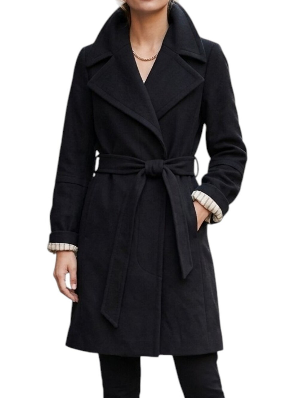 Club Monaco Black Wool Blend Belted Wrap Trench Coat Oversized Collar XS